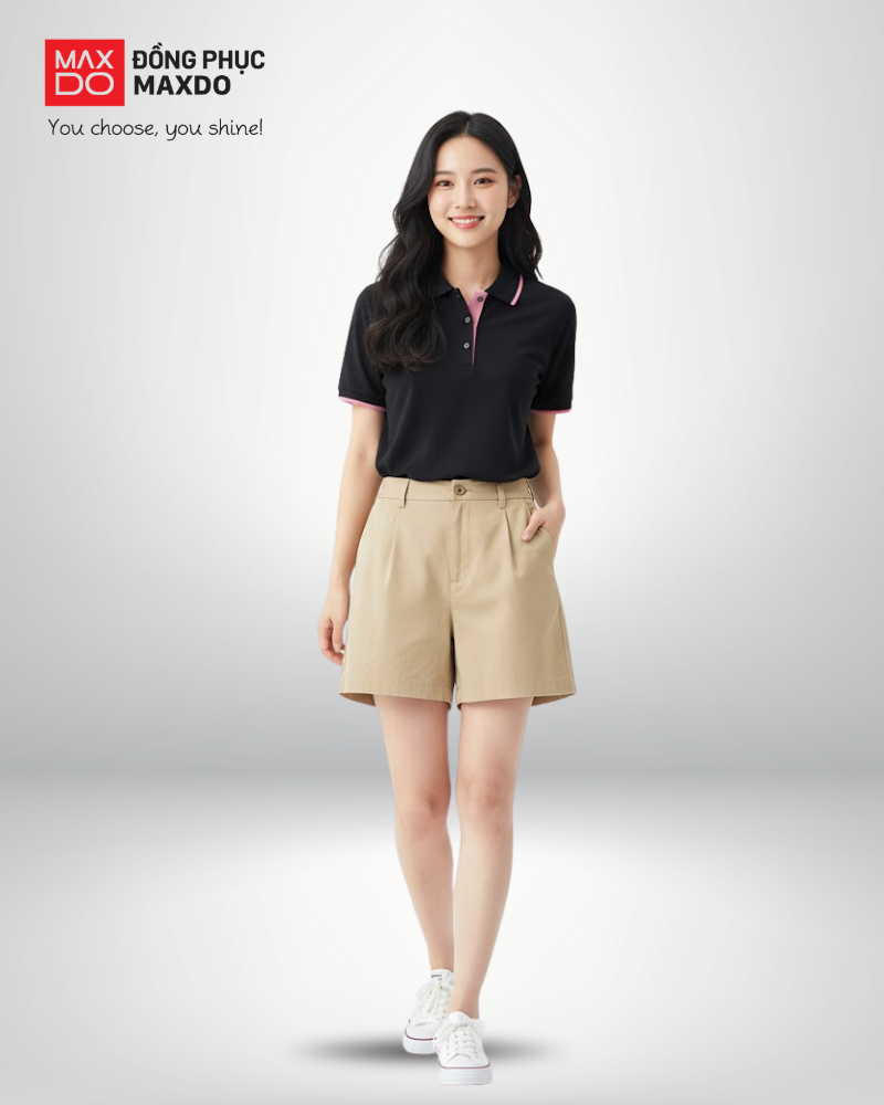 Áo polo đồng phục phối với quần short màu nâu