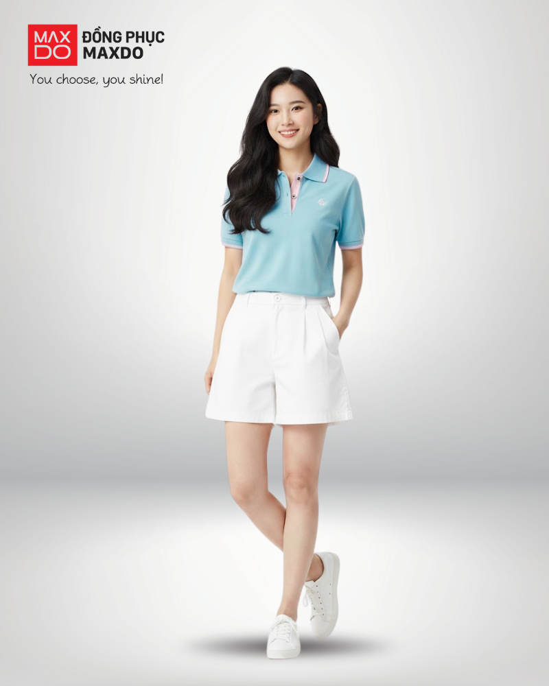 Áo polo đồng phục phối với quần short màu trắng