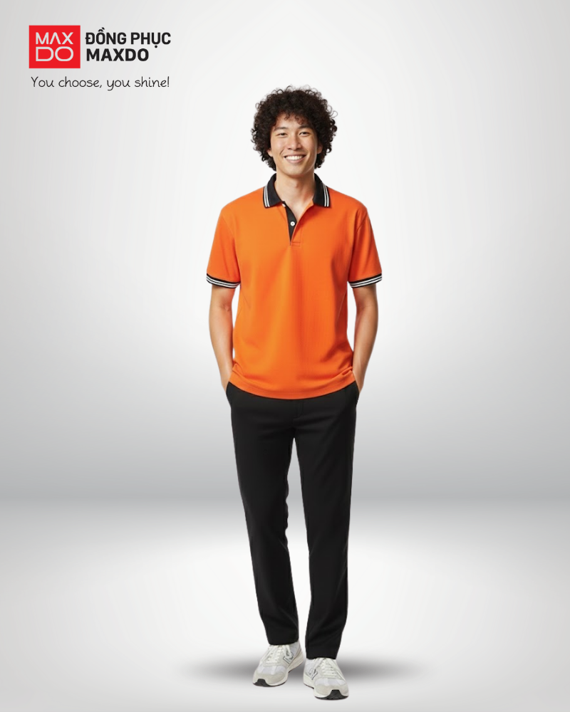 Áo thun màu cam cổ polo phối với quần tây màu đen dành cho nam