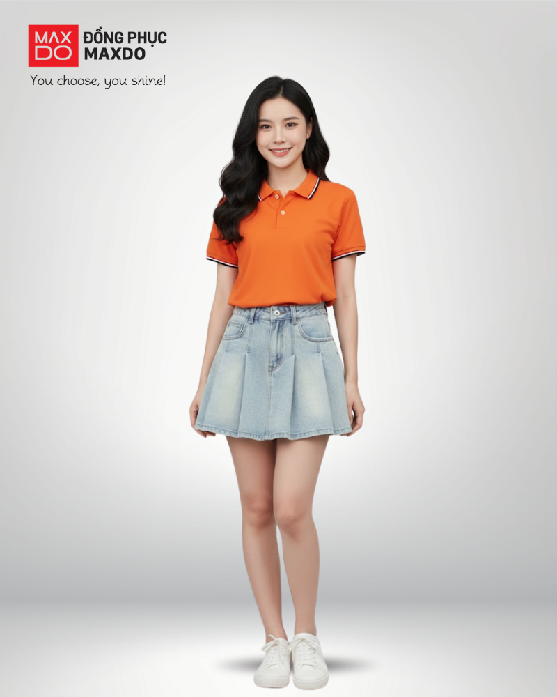 Áo thun màu cam cổ polo phối cùng chân váy jeans dáng ngắn