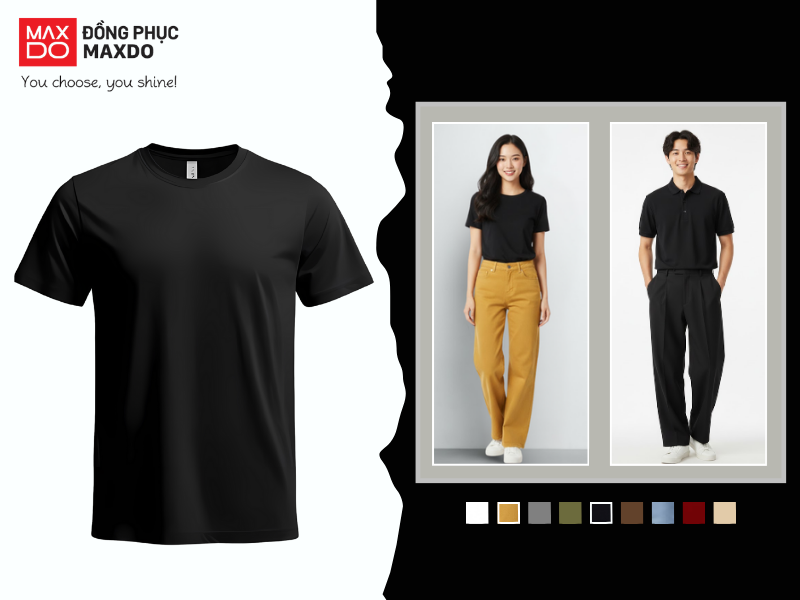 Áo thun đen dễ phối với hầu hết các tông màu quần.