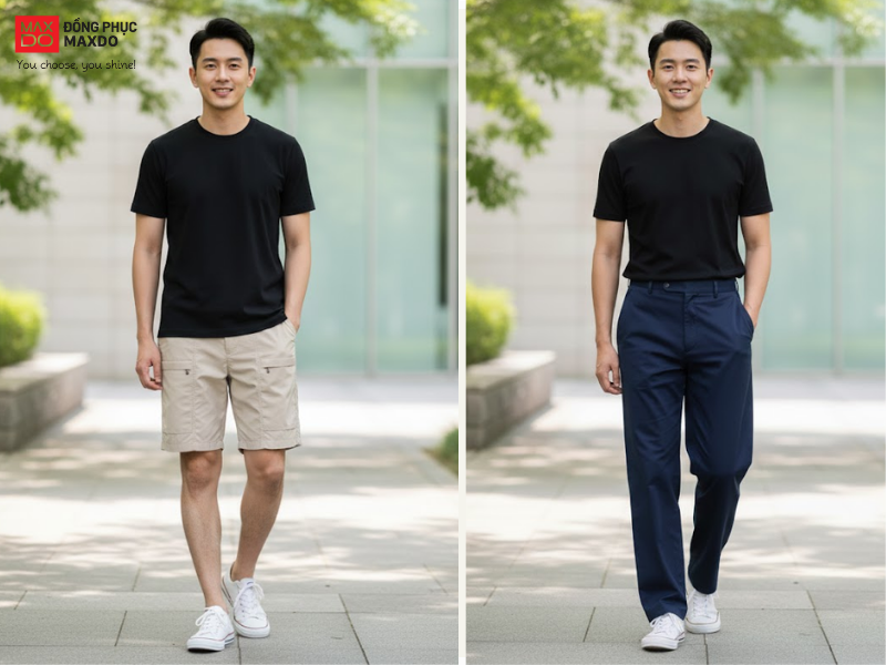 Bạn nên chọn kiểu quần phối cùng áo thun đen theo hoàn cảnh để thể hiện sự chỉn chu.