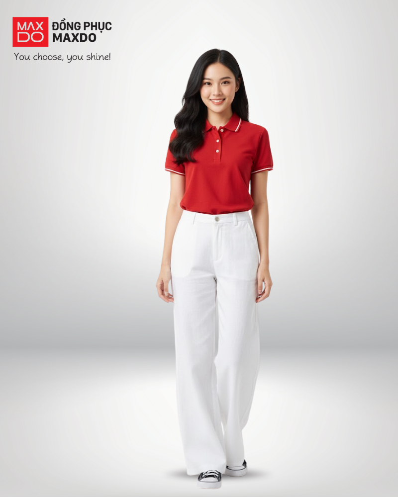 Áo thun cổ polo màu đỏ tươi phối cùng quần kaki màu trắng.