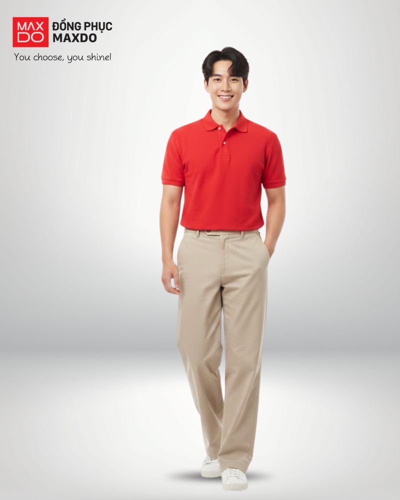 Áo thun đỏ cổ polo phối cùng quần kaki màu be.