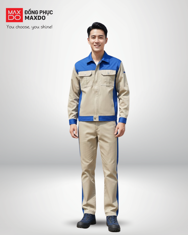 Mẫu quần áo bảo hộ ngành giao thông đường bộ phối giữa màu xanh dương và màu nâu nhạt