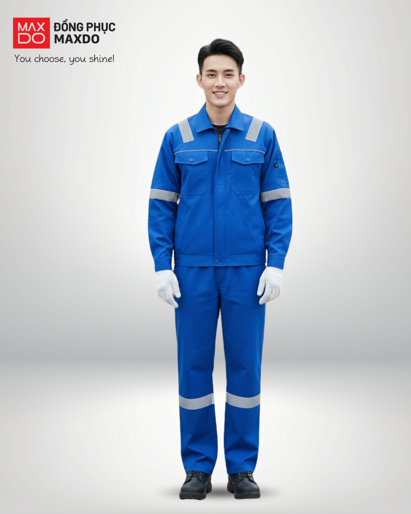 Mẫu quần áo bảo hộ ngành khai thác mỏ màu xanh dương có dải phản quang