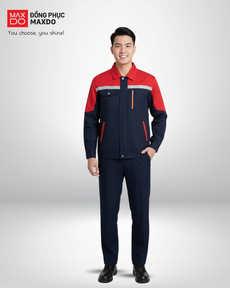 Mẫu quần áo bảo hộ dành cho nhóm công nhân phổ thông màu xanh navy phối với màu đỏ