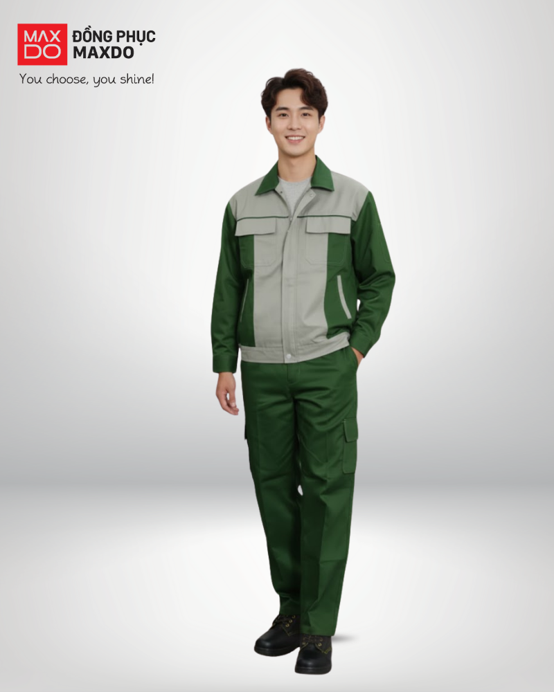 Mẫu quần áo bảo hộ lao động may phối màu xanh lá đậm