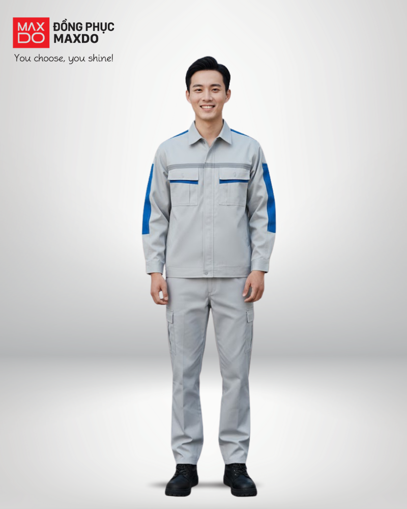 Mẫu quần áo bảo hộ lao động may phối màu ghi