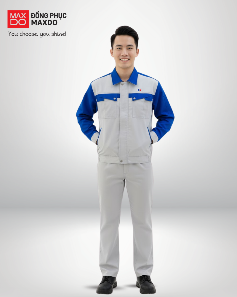 Mẫu quần áo bảo hộ dành cho nhóm công nhân phổ thông màu ghi nhạt