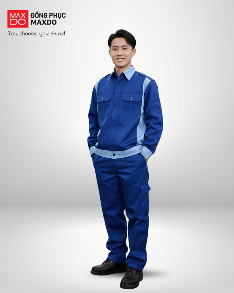 Mẫu quần áo bảo hộ lao động may phối màu xanh dương