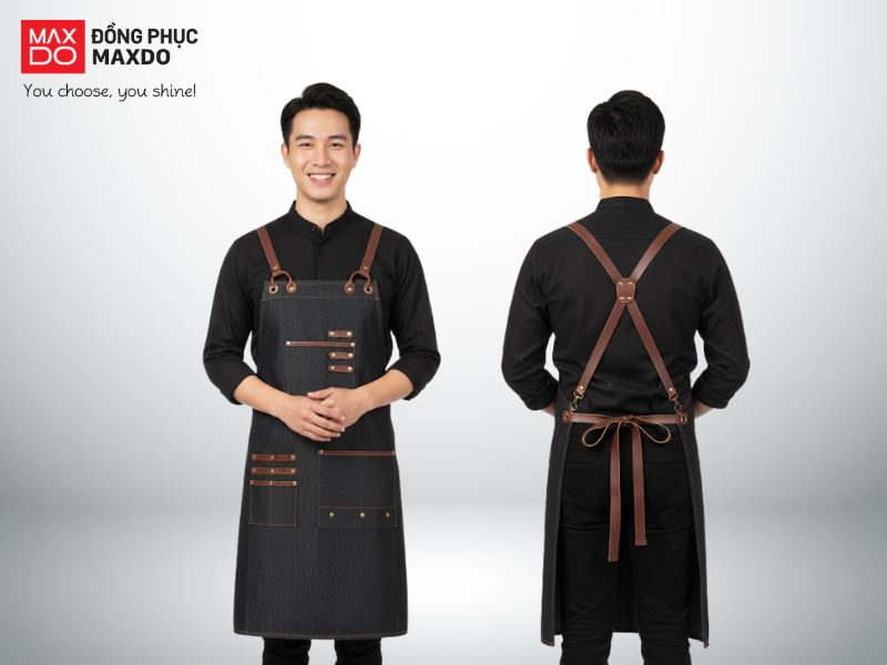 Mẫu tạp dề pha chế cho bartender màu xám có dây đeo màu nâu