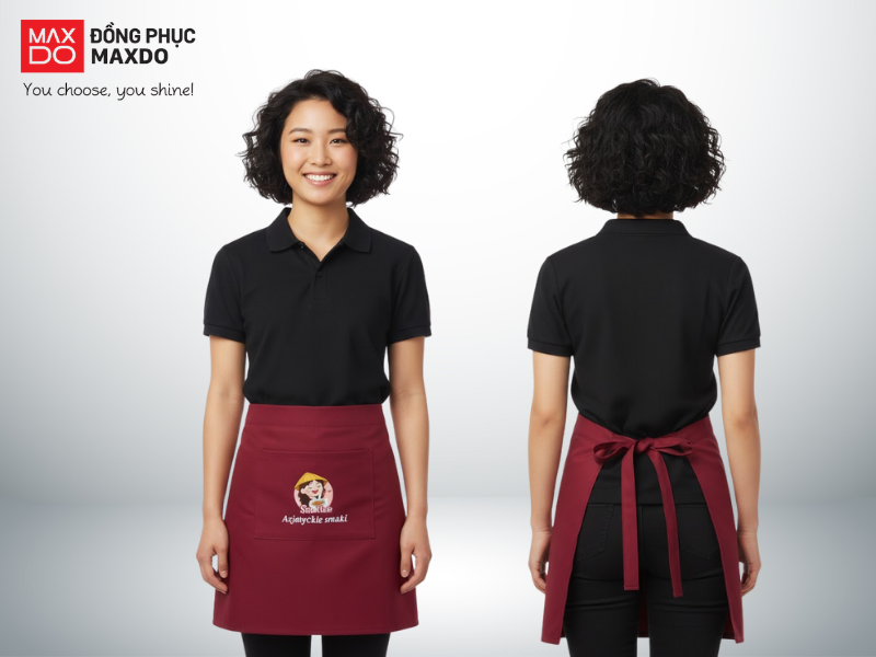 Mẫu tạp dề pha chế quầy nước take-away ngắn, màu đỏ đô