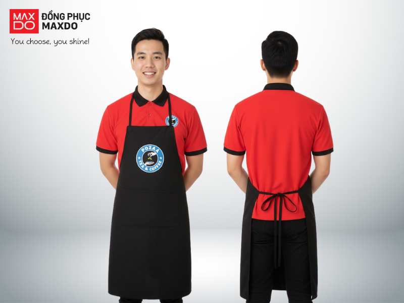 Mẫu tạp dề pha chế ở quán cafe, trà sữa có thiết kế đơn giản 1 túi đựng