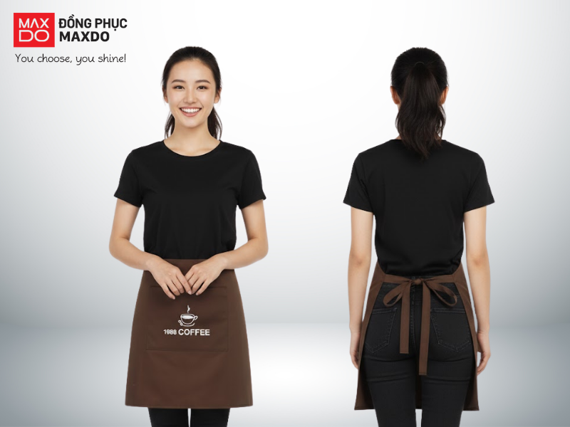 Mẫu tạp dề pha chế quầy nước take-away ngắn, đeo eo