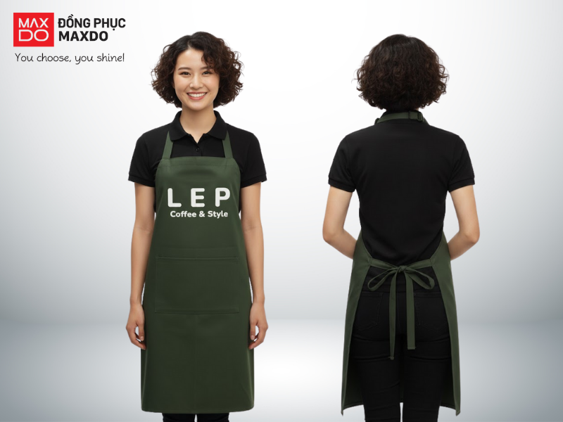 Mẫu tạp dề pha chế quầy nước take-away dạng yếm, màu xanh rêu