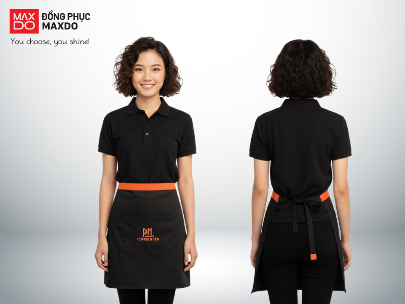 Mẫu tạp dề pha chế quầy nước take-away ngắn màu đen có viền màu cam 