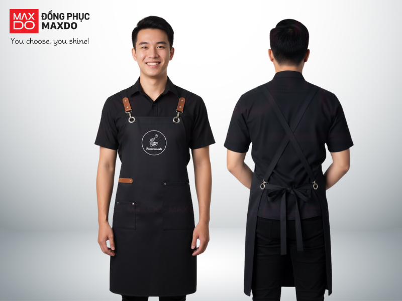 Mẫu tạp dề pha chế cho bartender màu đen có thiết kế 1 túi hộp lớn và 1 túi nhỏ