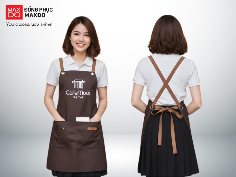 Mẫu tạp dề pha chế quầy nước take-away dạng yếm, màu nâu