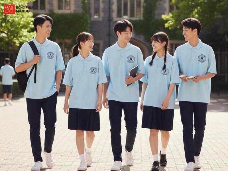 Mẫu đồng phục áo thun polo màu thiên thanh cho học sinh cấp 3.