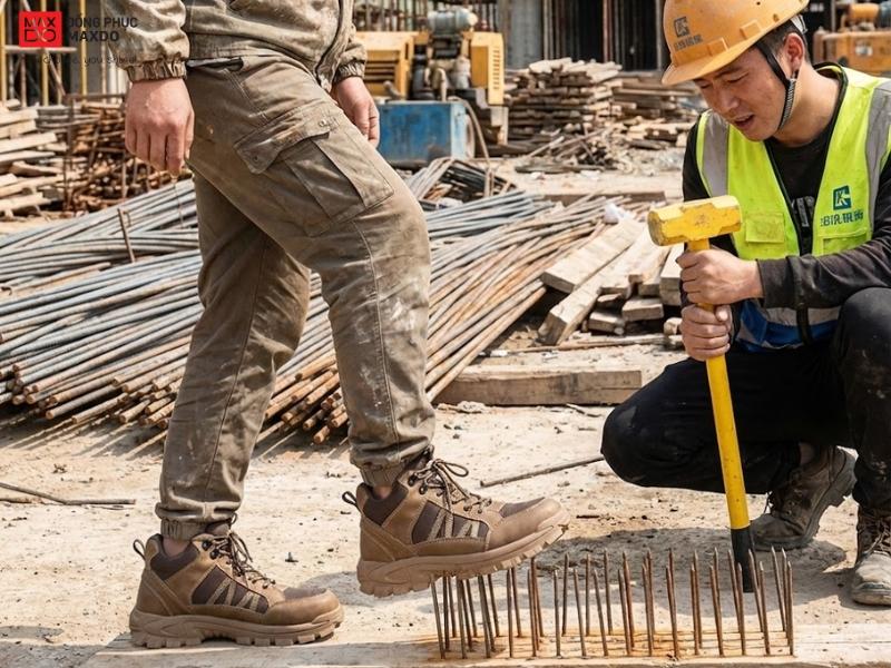 Giày bảo hộ lao động có thiết kế bảo vệ công nhân làm việc trên công trường có nhiều vật sắc nhọn.