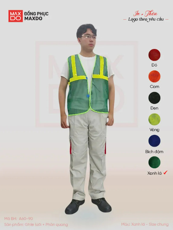 Mẫu áo gile lưới màu xanh lá có dải phản quang. 