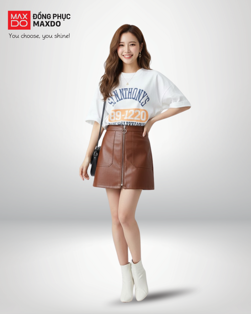 Áo thun form rộng phối với chân váy da màu nâu.