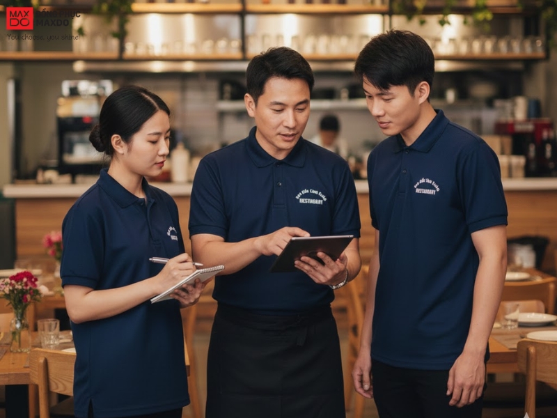 Mẫu áo thun đồng phục cổ polo trong nhà hàng.