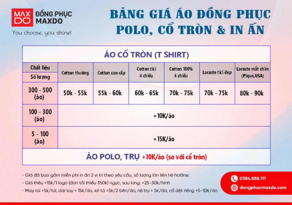 Bảng giá áo đồng phục tham khảo của Đồng phục MAXDO.