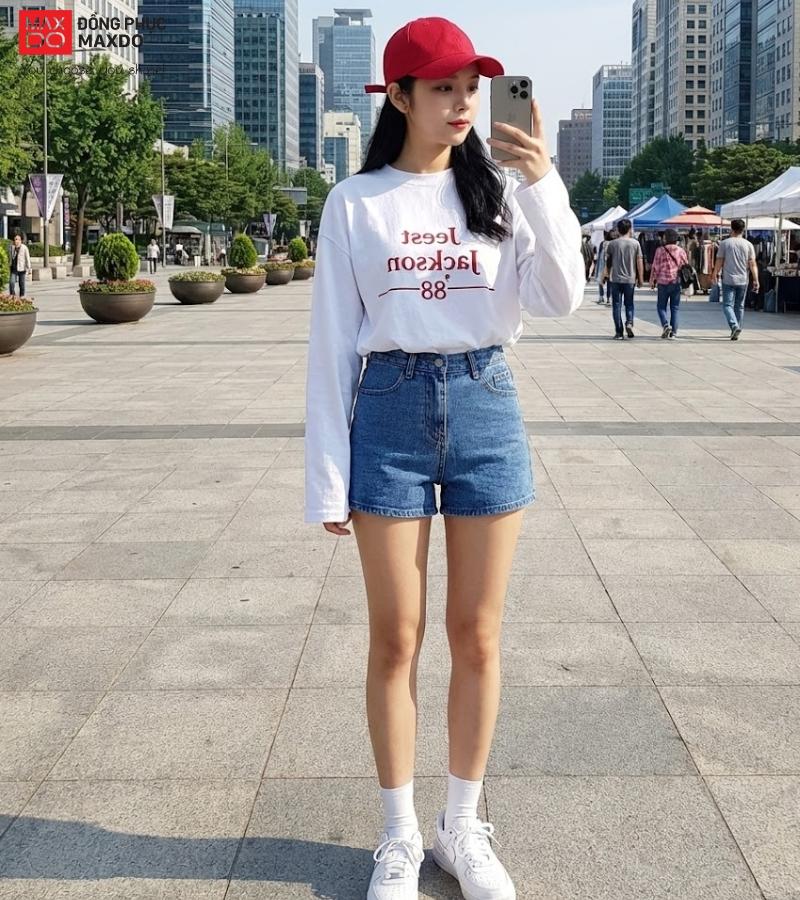 Áo thun dài tay kết hợp với quần short jeans, sneaker và mũ lưỡi trai phù hợp với cô nàng có phong cách sporty. 