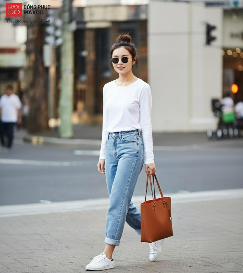 Áo thun dài tay kết hợp quần mom jeans và giày thể thao giúp các cô gái tự tin sải bước trong cả ngày dài. 