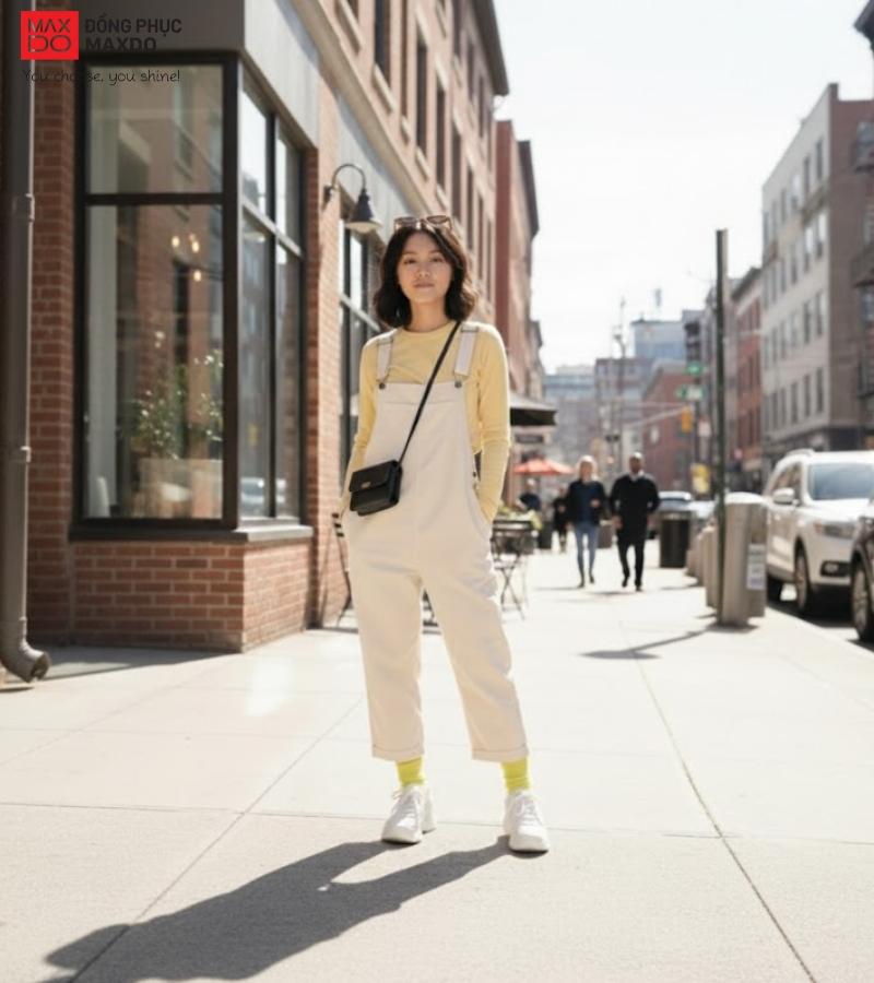 Phối áo thun dài tay với quần yếm kaki kết hợp phụ kiện tăng điểm nhấn cho tổng thể trang phục. 