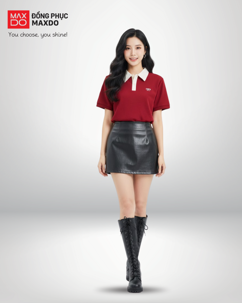 Áo thun polo phối với chân váy da màu đen.