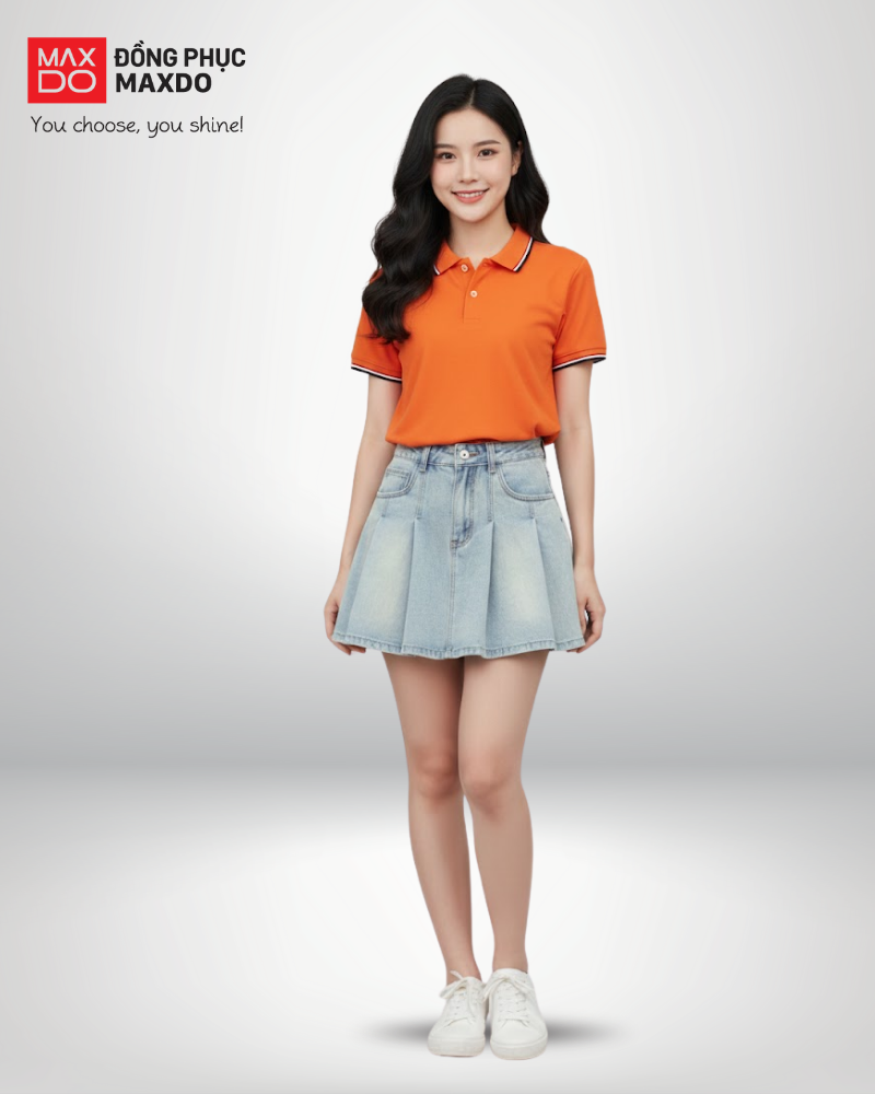 Áo thun polo phối với chân váy jeans dáng ngắn.