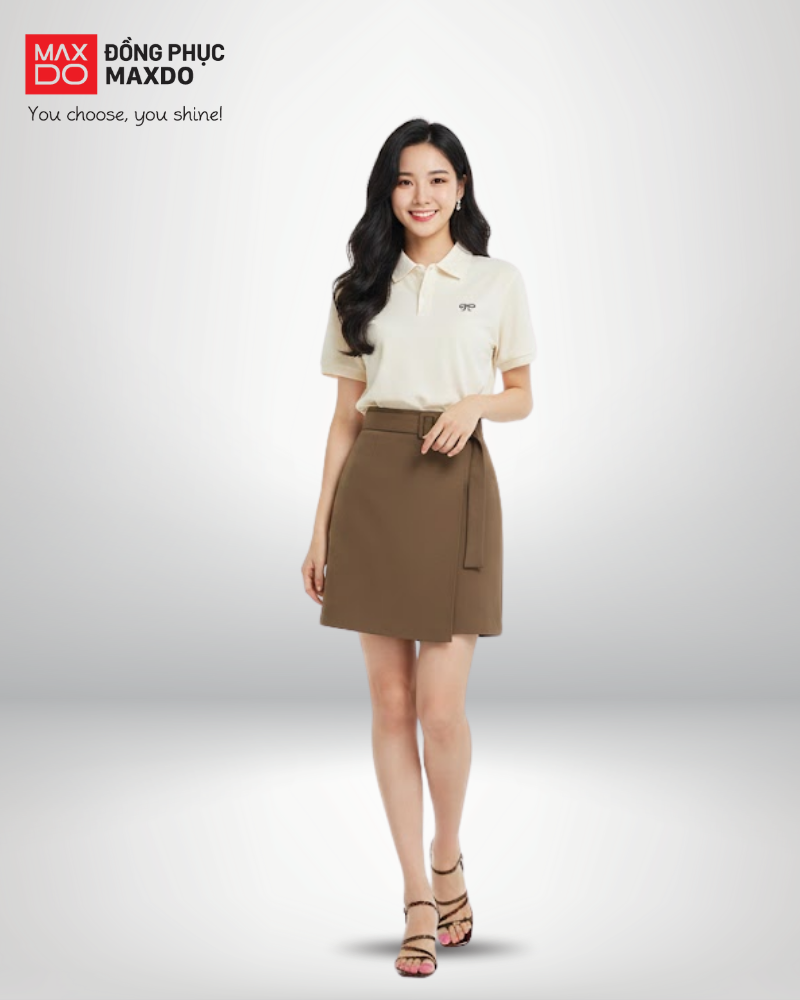 Áo thun polo phối với quần giả váy dáng ngắn.