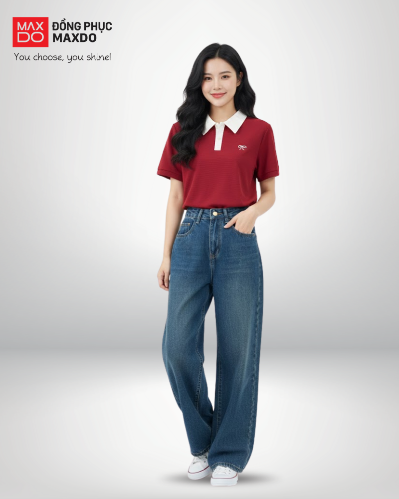 Áo thun polo phối với quần jeans ống rộng màu xanh.