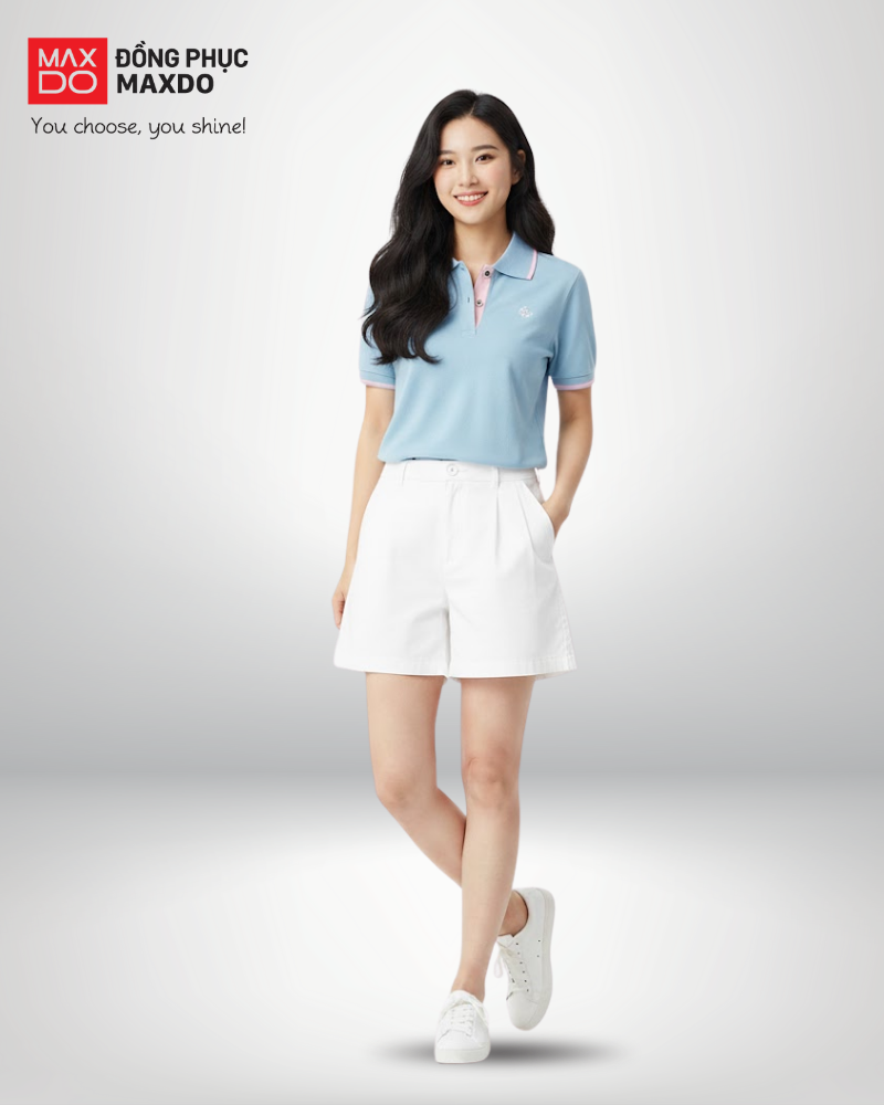 Áo thun polo màu xanh pastel phối với quần short. 