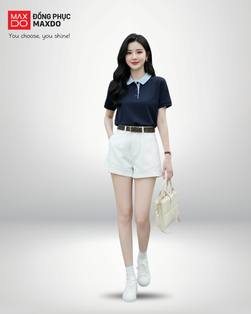 Áo thun polo màu xanh navy phối với quần short. 