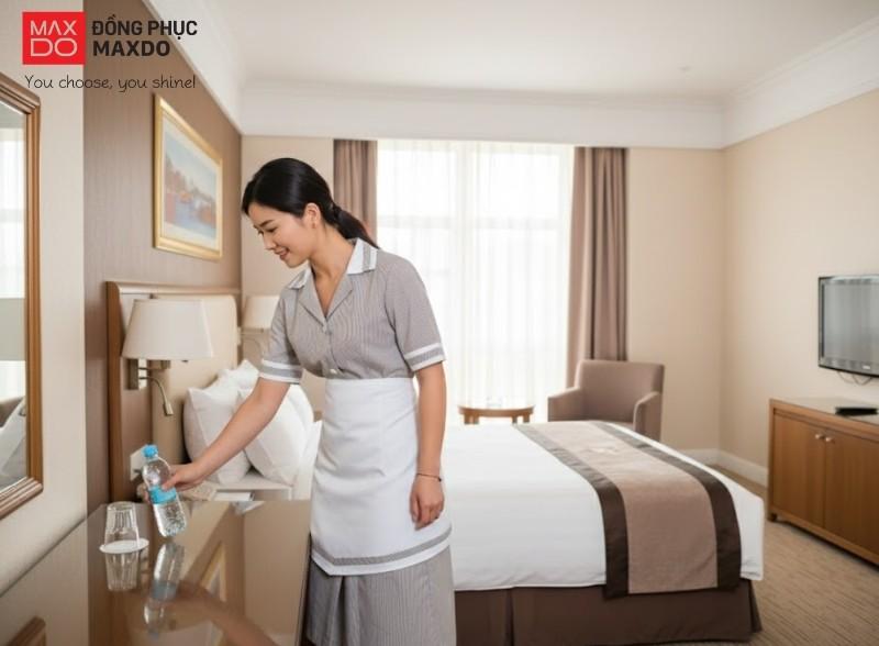 Mẫu tạp dề phục vụ khách sạn màu trắng dáng ngắn.