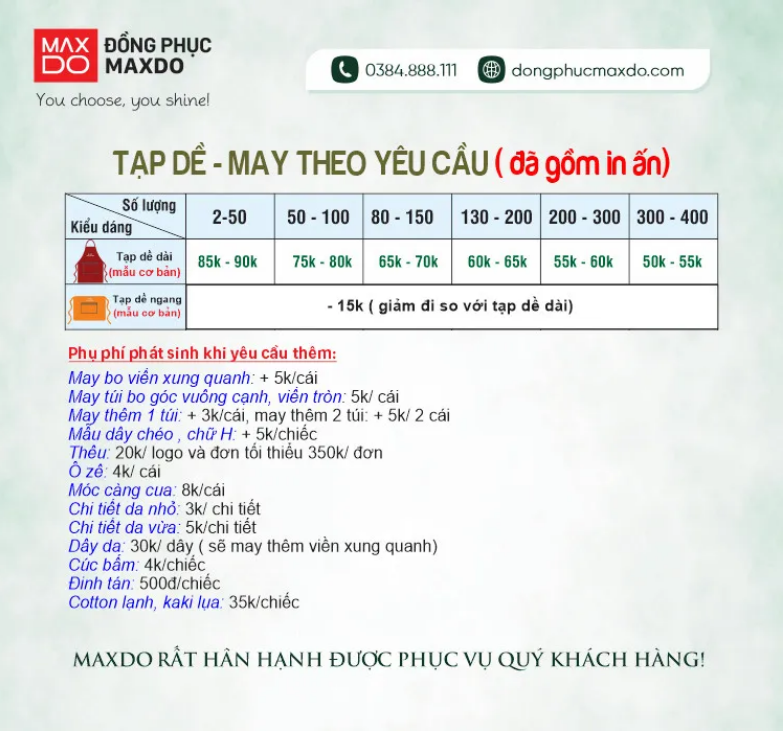 Bảng giá tạp dề may theo yêu cầu tại Đồng phục MAXDO. 